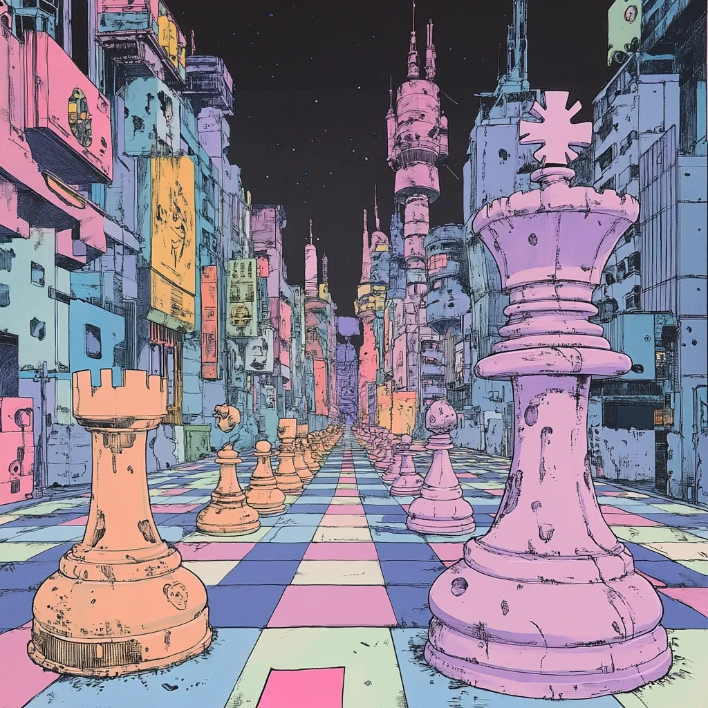 A vibrant, stylized cityscape stretches into the distance, resembling a futuristic, possibly cyberpunk, urban landscape with pastel-colored buildings. A giant chessboard dominates the foreground, with oversized chess pieces, including a king and rook, positioned along the board's paths. The scene blends architectural detail with the fantastical elements of a surreal game board, creating a visually arresting juxtaposition of the urban and the game. The overall aesthetic is dreamlike and otherworldly.