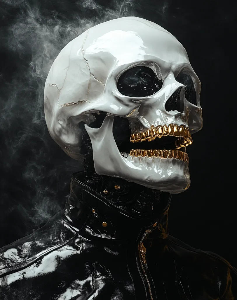 Here's a description of the image:

Close-up view of a stylized skull, seemingly made of polished white ceramic or similar material,  wearing a black leather jacket. The skull's teeth are replaced with gold, and it has a slightly open mouth, suggesting a smirk or laugh. The background is dark, with smoky wisps adding an atmospheric effect. The contrast between the bright white skull, gold teeth, and dark jacket creates a striking visual.  The overall style is edgy and artistic, potentially suggestive of a modern art piece or a character from a dark fantasy setting.
