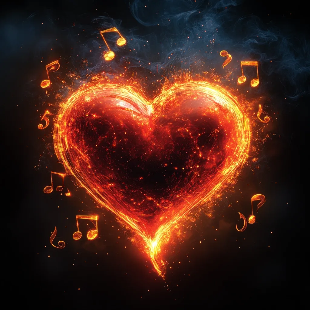 Here's a description of the image:

The image is a dramatic depiction of a heart ablaze, rendered in fiery orange and red hues.  The heart's form is not perfectly smooth; it appears textured and dynamic, as if made of burning embers and swirling flames.  Several musical notes, also rendered in fire, orbit the heart, suggesting a connection between passionate love and music.  The background is dark, almost black, with wisps of smoky blue and grey adding to the overall intense and emotive atmosphere.  The overall effect is one of powerful, passionate energy.