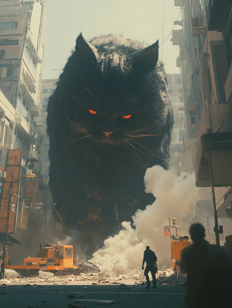 A colossal black cat, its eyes glowing an ominous orange, looms over a city street.  Smoke billows from the rubble-strewn ground, suggesting recent destruction.  Two silhouetted figures, dwarfed by the feline behemoth, stand amidst the devastation, seemingly facing the immense creature.  The scene is set in a gritty, urban environment, possibly post-apocalyptic, with tall, damaged buildings flanking the street.  The overall mood is one of impending doom and overwhelming power.