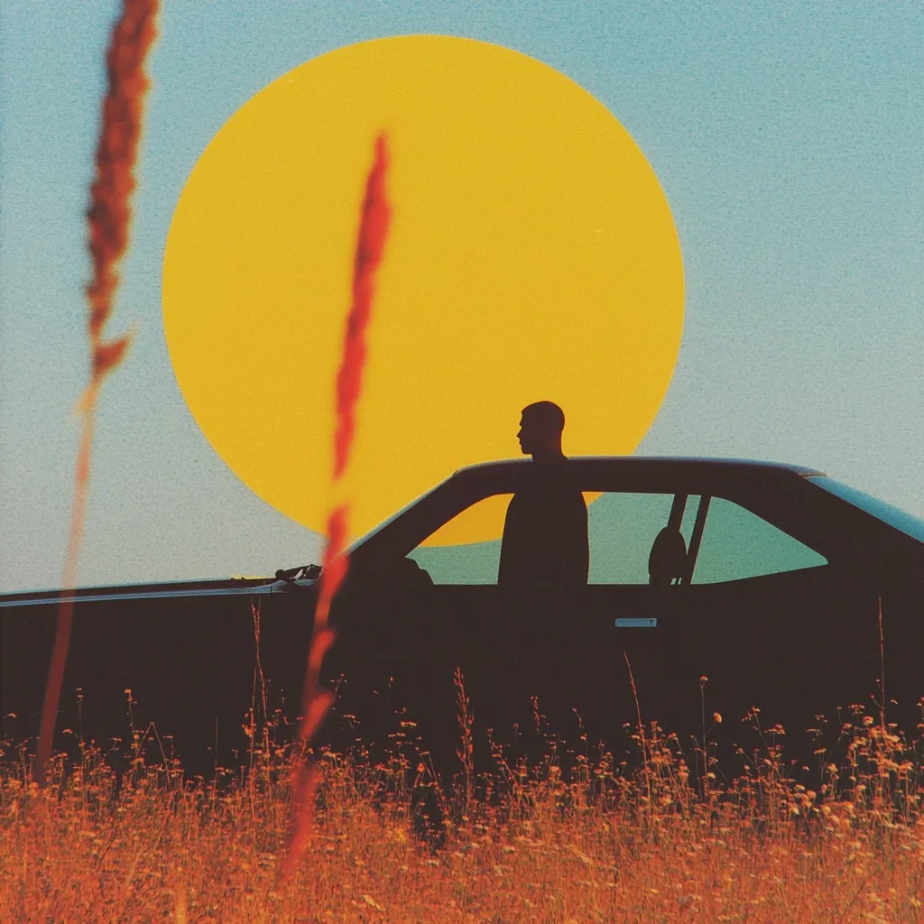 Here's a description of the image:

The image is a stylized depiction of a man standing in a classic car, silhouetted against a large, vibrant yellow sun. The car is dark, almost black, and partially obscured by tall grasses in the foreground. The sun dominates the upper portion of the image, its bright yellow contrasting with a muted blue-toned sky.  The overall mood is one of solitude and nostalgic calm, enhanced by the warm color palette and the minimalist composition.  The tall grasses in the foreground draw the viewer's eye towards the central figures.
