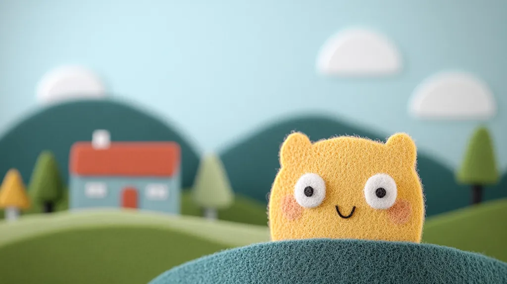 Here's a description of the image:

A cheerful, yellow felt creature, resembling a simplified bear or cat, peeks over a teal hill.  Its large, white eyes and simple smile convey happiness.  The background is a softly blurred idyllic landscape featuring rolling green hills, a small blue house with a red roof, and stylized trees and clouds, creating a whimsical and serene scene. The overall style is reminiscent of children's animation or illustration.