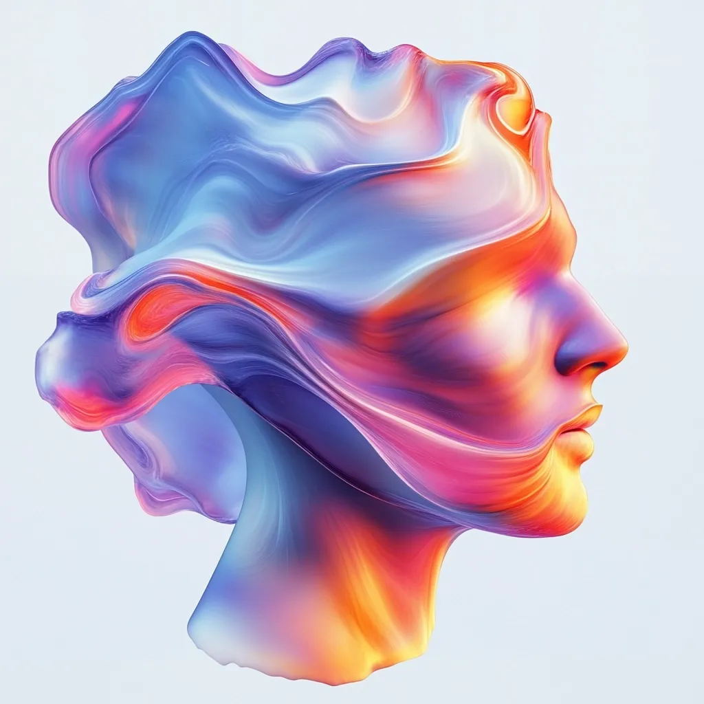 The image presents a stylized profile of a human head, rendered in vibrant, flowing colors.  Blues, purples, oranges, and pinks swirl and blend together, creating a sense of fluidity and movement. The form suggests a sculpted head, but the material appears ethereal and almost liquid, giving it a surreal and dreamlike quality.  The overall effect is one of abstract beauty and artistic expression.