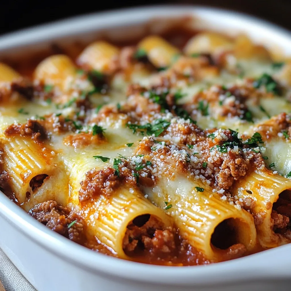 Here's a description of the image:

A close-up shot reveals a baked pasta dish, likely stuffed shells or rigatoni, brimming with a rich meat sauce. The pasta tubes are generously coated in melted cheese, sprinkled with grated Parmesan and chopped parsley.  The dish is nestled in a white, rectangular baking dish, suggesting a home-cooked meal. The warm lighting and shallow depth of field emphasize the texture and appetizing qualities of the food. The overall impression is one of comfort and deliciousness.