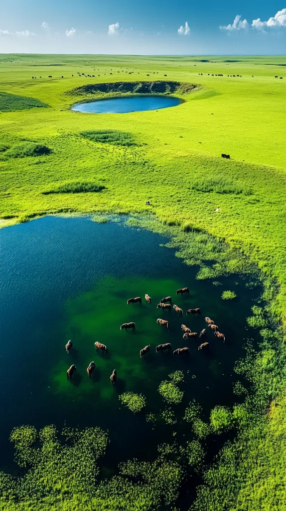Here's a description of the image:

An aerial shot reveals a serene landscape, dominated by vibrant green grasslands under a bright, partly cloudy sky. Two dark-green, still bodies of water are prominently featured.  A herd of dark-brown horses is partially submerged in the larger lake, creating a striking contrast against the clear water. Scattered cattle are visible grazing in the surrounding pasture. The overall scene evokes a sense of tranquility and vastness.