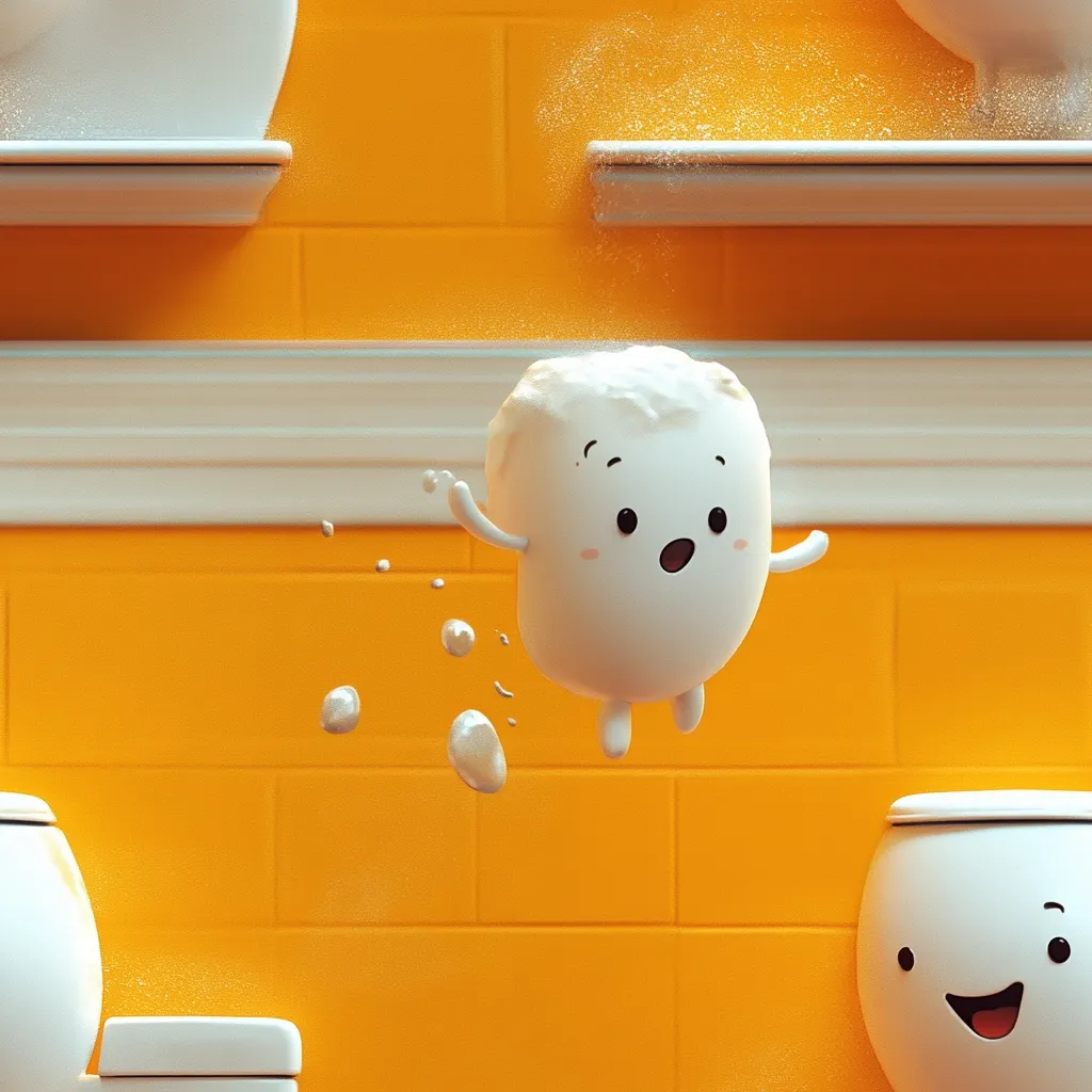 A cute, cartoonish, white marshmallow-like character with small arms and legs floats in mid-air against a bright yellow tiled wall.  It's surrounded by small, white, bubbly shapes, suggesting movement or a playful action.  The background shows parts of white toilets on shelves, creating a bathroom setting. The overall style is whimsical and 3D-rendered.