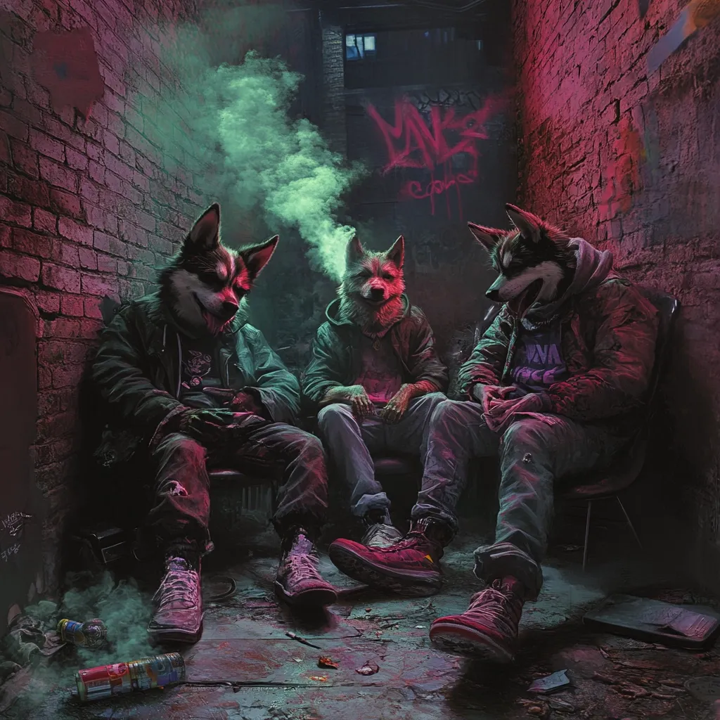 Three anthropomorphic husky dogs, clad in street-style clothing, sit together in a dimly lit, graffiti-covered alleyway.  A haze of smoke hangs in the air, suggesting a shared activity.  The scene is dark and moody, with neon-tinged lighting highlighting the brick walls and the dogs' attire. The overall atmosphere evokes a sense of urban grit and possibly illicit behavior.
