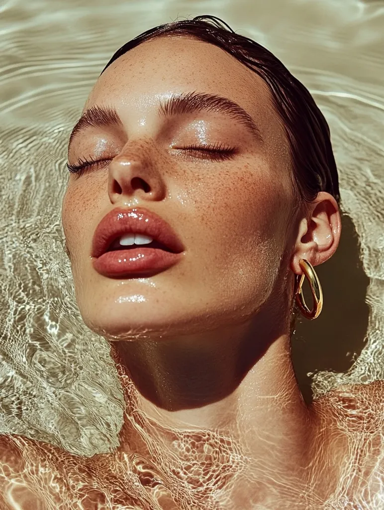 Here's a description of the image:

Close-up view of a woman's face and upper body submerged in clear water.  Her eyes are closed, and her skin is glistening with water, revealing freckles and a sun-kissed glow.  She has dark, wet hair and wears simple, gold hoop earrings. The water's surface creates a textured pattern around her, enhancing the overall ethereal and serene mood of the image.  The lighting is soft and natural, emphasizing the woman's beauty and the calming effect of the water.