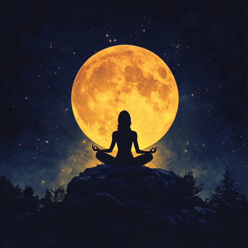 Here's a description of the image:

The image is a digitally enhanced, evocative scene depicting a lone female figure silhouetted against a large, vibrant orange full moon. She sits in a meditative yoga pose atop a dark, rocky outcrop. The night sky is filled with twinkling stars, adding to the mystical ambiance.  The contrast between the bright moon, the dark silhouette, and the shadowy landscape creates a sense of serenity and spiritual connection with nature. The overall mood is peaceful and contemplative.