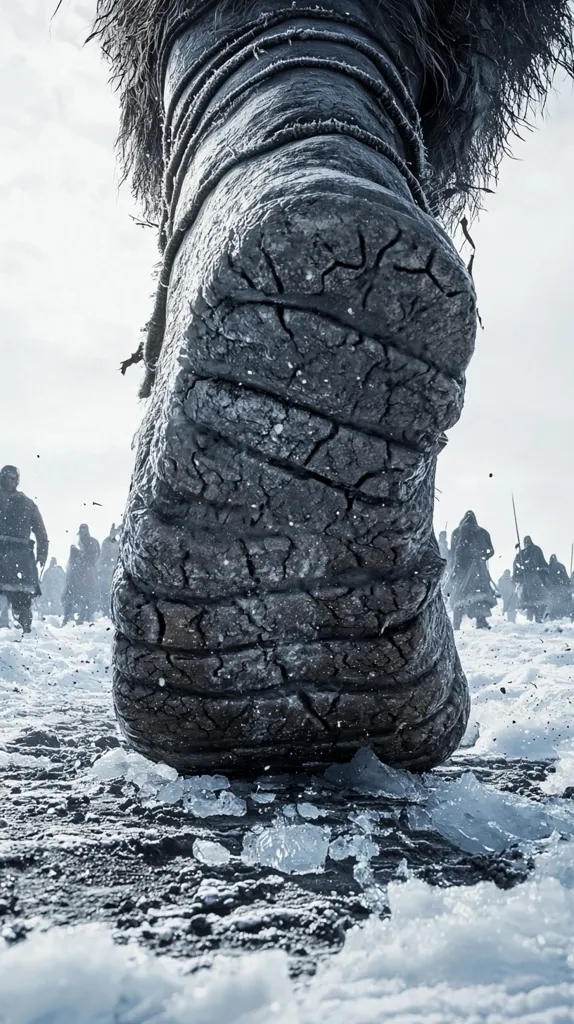 Here's a description of the image:

The image is a low-angle, close-up shot of a giant's foot crushing ice and snow. The foot, dark and textured, shows deep cracks and is wrapped in thick ropes or bindings.  In the background, a group of small figures, seemingly human-sized, are visible walking in a snowy landscape, dwarfed by the colossal scale of the foot. The scene is bleak and monochromatic, with a cold, wintry atmosphere. The focus is on the massive foot, creating a sense of awe and impending doom for the small figures below.