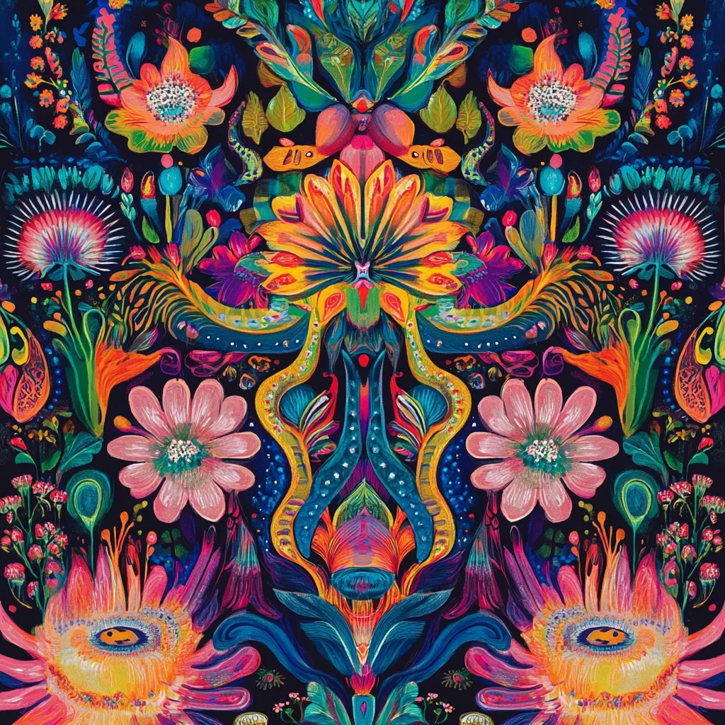 A vibrant, psychedelic floral pattern explodes with color on a dark background.  Intricate, almost symmetrical designs feature a central, almost face-like structure flanked by large, brightly colored flowers.  Smaller, fantastical blooms and foliage intertwine, creating a dense, rich tapestry of texture and detail. The overall style suggests a blend of art nouveau and folk art influences, resulting in a captivating and visually stimulating image.  The colors are intensely saturated, with oranges, pinks, purples, and greens dominating.