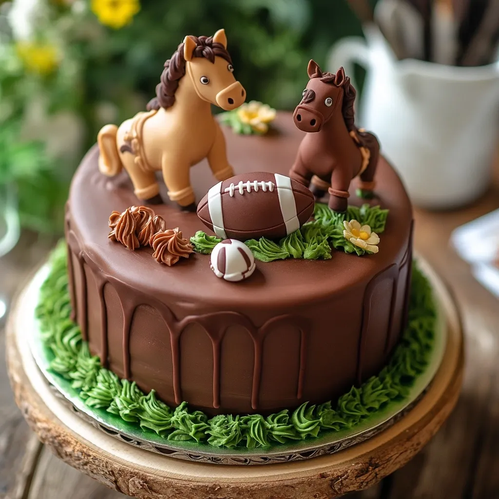 A delicious chocolate cake takes center stage, adorned with fondant horses and football-themed decorations.  The cake is rich, dark brown, with chocolate ganache dripping down its sides.  Green frosting creates a grassy base, surrounding a football and smaller ball, adding a playful touch. The two intricately detailed horses, one tan and one brown, stand proudly atop the cake, creating a charming, whimsical scene.  The overall presentation is elegant yet fun, perfect for a special occasion.