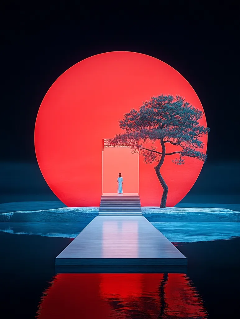 A surreal digital artwork depicts a lone woman in a light-blue dress standing before a minimalist gateway.  The gateway is situated on a floating platform extending from a serene, icy shoreline towards a gigantic, vibrant red orb resembling a sun. A solitary pine tree stands beside the path, silhouetted against the radiant backdrop.  The scene is calm, mysterious, and evokes a sense of tranquility and otherworldly beauty. The color palette contrasts cool blues and icy whites with the intense red of the dominant orb.