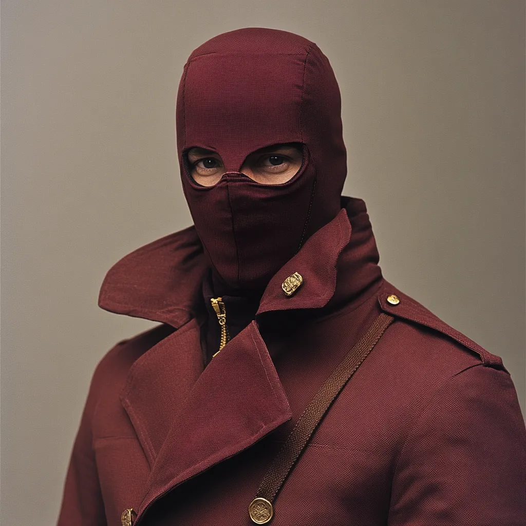 Here's a description of the image:

Close-up view of a person wearing a dark burgundy balaclava and a matching long coat. The balaclava covers the entire head except for the eyes, which are visible through small openings.  The coat is a double-breasted style with large lapels and features subtle gold buttons. A brown strap or belt is visible across the chest. The background is a muted beige, keeping the focus on the individual's attire. The overall impression is one of mystery and perhaps a retro or stylized sense of anonymity.