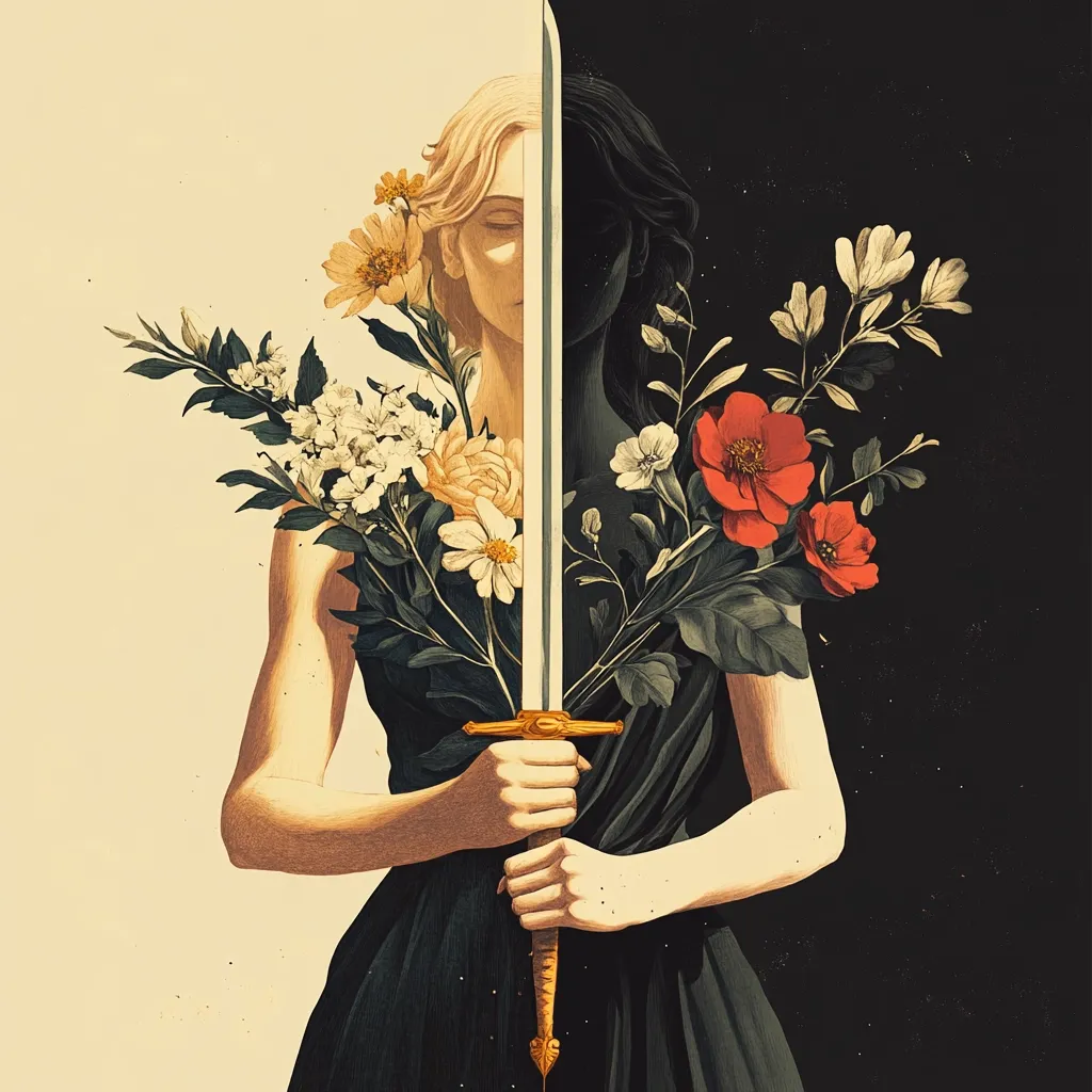 The artwork depicts a woman, bisected by a sword, representing duality.  One side is light, with blonde hair and soft flowers; the other is dark, mysterious, and shadowed.  She holds the sword, a symbol of strength and decision, amidst a vibrant bouquet of contrasting blooms.  The contrasting light and dark backgrounds further emphasize the internal conflict or opposing forces within her. The overall aesthetic is stylized and evocative, suggesting themes of inner struggle, choice, or hidden power.