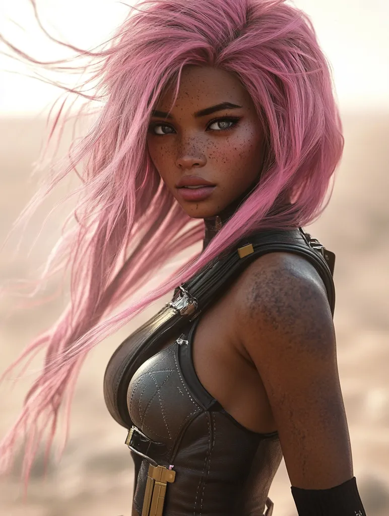 Here's a description of the image:

The image is a digital rendering of a young woman with long, flowing pink hair. Her skin is dark brown, speckled with freckles, and she has striking gray eyes.  She's wearing a dark, leather-like top reminiscent of futuristic or fantasy armor, with straps and buckles.  The background appears to be a desert landscape, with a muted, warm light suggesting either sunrise or sunset.  The woman's expression is intense and direct, gazing confidently at the viewer. The overall style is polished and visually striking, suggestive of a character from a video game or fantasy story.