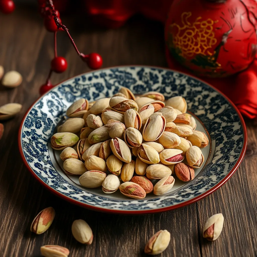 A small, ornate blue and white plate sits on a dark wooden table, overflowing with a pile of shelled pistachios.  A few more pistachios are scattered nearby.  In the background, a red, ornate pot and a red cloth are partially visible, suggesting a festive or celebratory setting.  A sprig with red berries adds to the visual interest. The overall impression is one of richness and warmth.