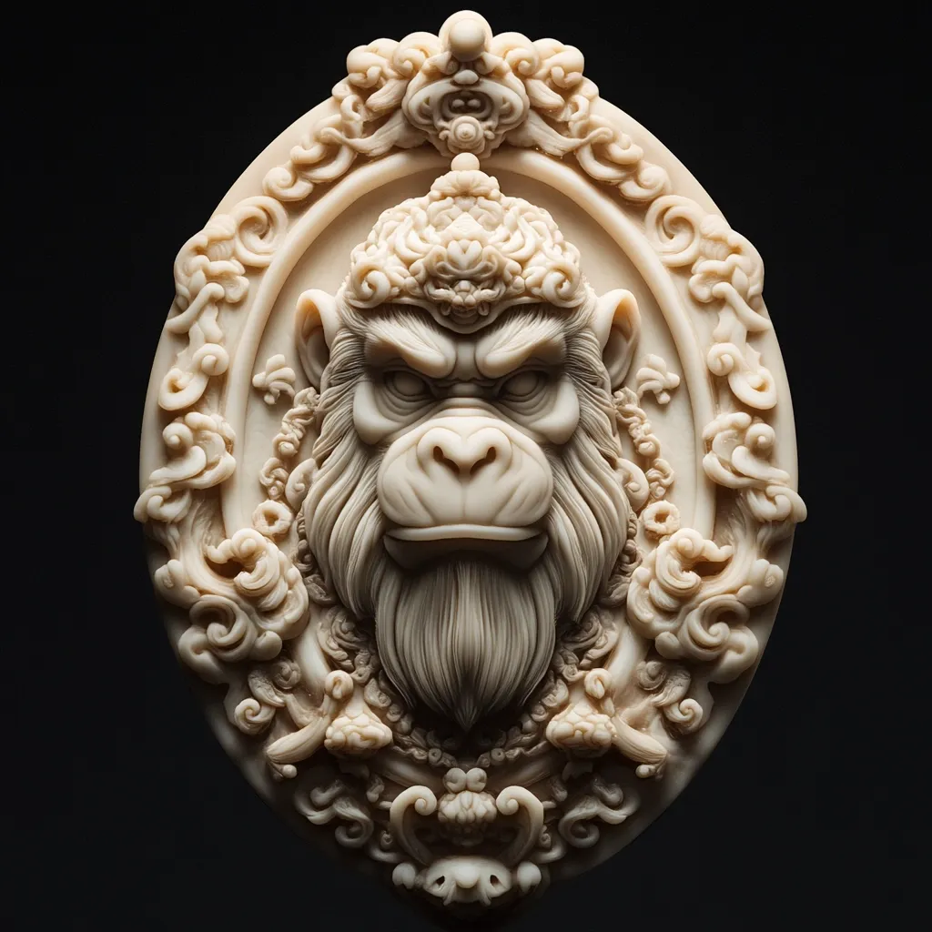 Here's a description of the image:

The image shows an intricately carved oval pendant or relief featuring a majestic monkey. The monkey, adorned with an ornate crown, is rendered in high detail, with a stern yet dignified expression. It's framed by an elaborate design incorporating swirling clouds and ornate flourishes, characteristic of East Asian art.  The overall color is a uniform, creamy off-white, emphasizing the texture and depth of the carving. The piece is presented against a stark black background, highlighting the sculpture's intricate details and three-dimensionality. The style blends realism with a fantastical, almost mythical, quality.