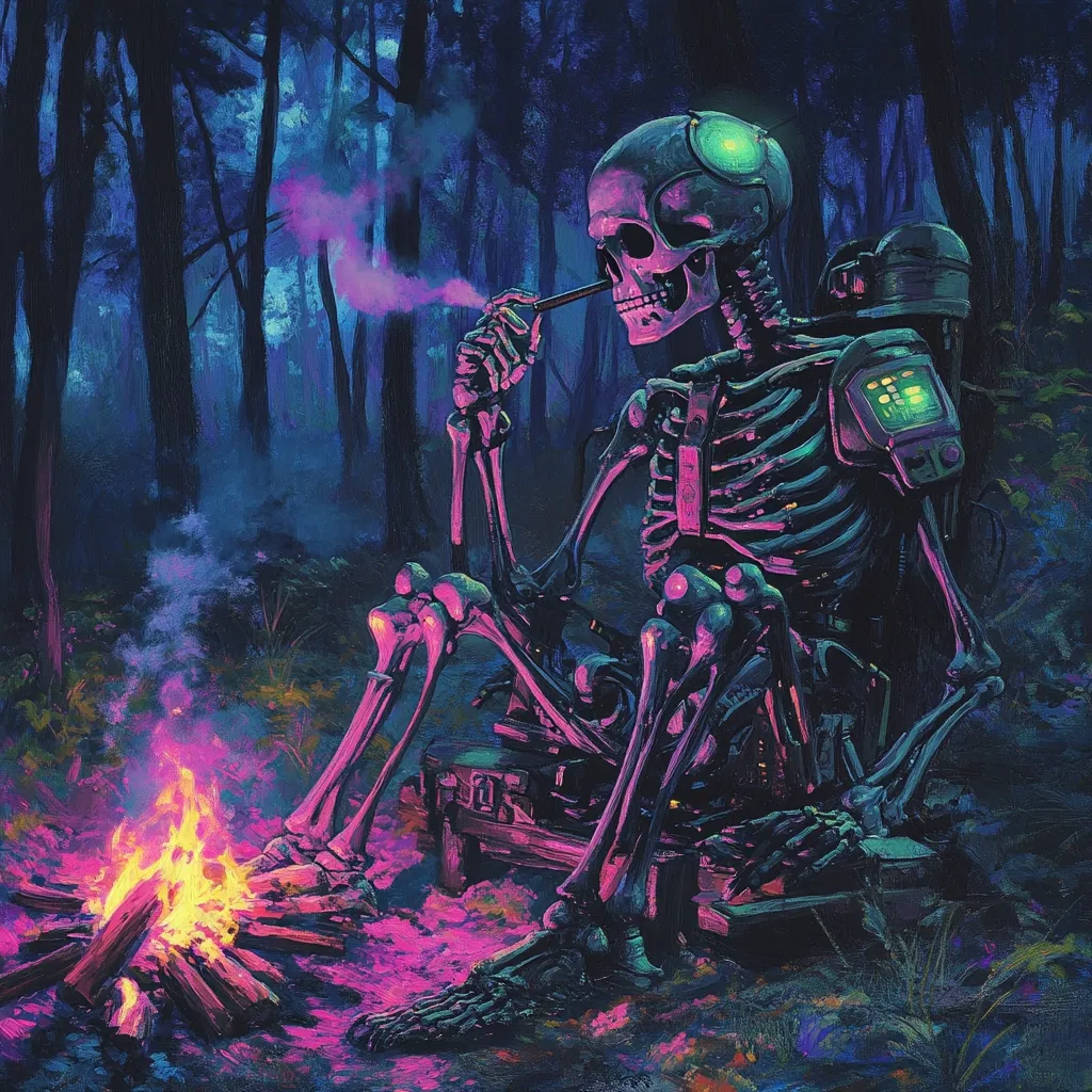A vibrant digital painting depicts a skeletal figure, seemingly cyborg-like, sitting before a campfire in a dark forest.  The skeleton, with glowing purple accents and a small device on its head, holds a pipe emitting pink smoke.  It's seated on a small, wooden platform, wearing a backpack with integrated technology. The scene is bathed in a surreal, neon-lit atmosphere, contrasting the organic forest setting with the mechanical skeleton. The overall mood is one of contemplative solitude and otherworldly serenity.