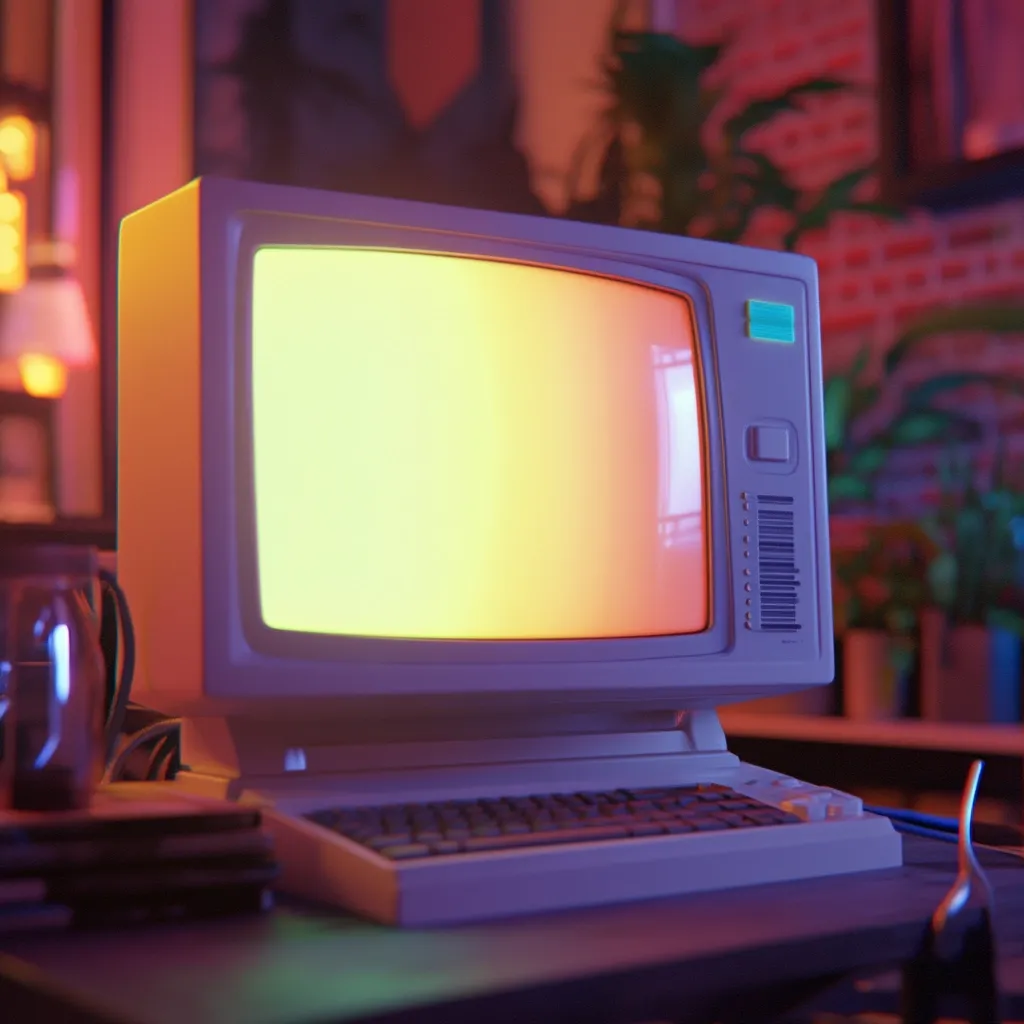 Here's a description of the image:

The image showcases a vintage computer, bathed in warm, neon-like lighting. The computer features a large CRT monitor displaying a gradient of yellow and orange, and an attached keyboard. The overall aesthetic is retro-futuristic, reminiscent of the 1980s. The background is slightly blurred but shows a dimly lit room with hints of plants and brick walls, adding to the nostalgic ambiance. The scene is peaceful, suggesting a quiet moment in a retro-themed workspace or home office.