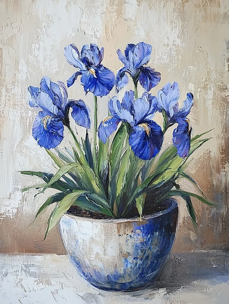 Here's a description of the image:

The painting showcases a vibrant still life featuring a cluster of blue irises in a rustic, blue-tinged ceramic pot.  The irises, rendered with visible brushstrokes, display a range of blues and purples, their petals capturing light and shadow effectively. The leaves are a lush, textured green. The pot itself is textured, with hints of off-white and blue blending together, reflecting a slightly aged or worn appearance. The background is a neutral, textured beige, providing a soft contrast to the vivid colors of the flowers. The overall style suggests impasto techniques, adding depth and dimension to the artwork.