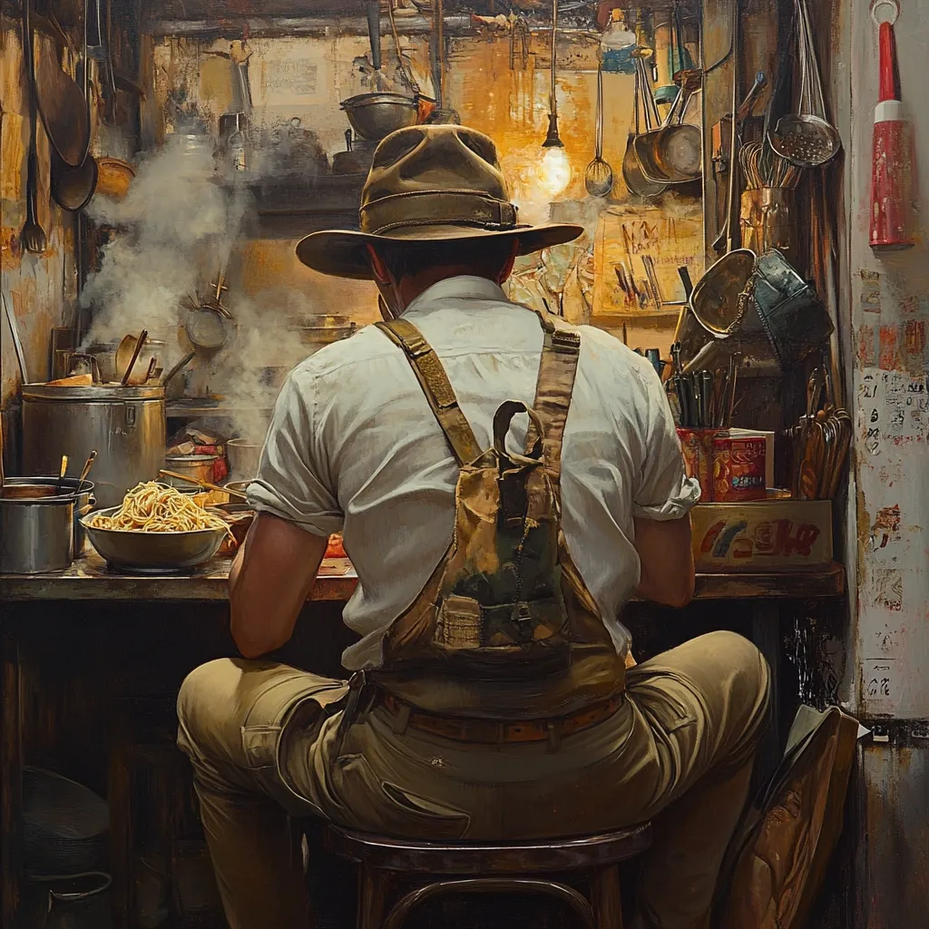 The painting depicts a man, seen from behind, seated at a cluttered kitchen counter. He wears a khaki hat and shirt with suspenders holding up a worn, earthy-toned backpack. A bowl of noodles sits before him on a dark wood counter, steam rising from the food. The background showcases a cramped space filled with hanging pots, pans, utensils, and various kitchen implements, suggestive of a busy, possibly Asian, eatery or street food stall.  The overall mood is one of quiet contemplation in a vibrant, bustling environment.