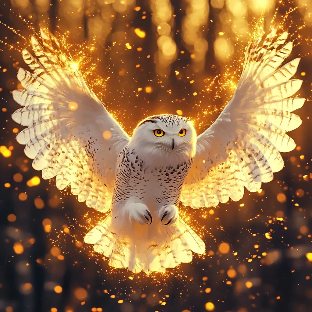 A majestic snowy owl takes center stage in this digitally enhanced image. Its wings are outstretched, creating a powerful and graceful pose.  Golden particles, resembling sparkles or dust, swirl around the owl, giving it a magical, almost ethereal quality. The background is a bokeh of warm, amber tones suggesting a forest setting at either dawn or dusk. The owl's piercing yellow eyes and detailed plumage are sharply focused, contrasting beautifully with the soft, out-of-focus background.