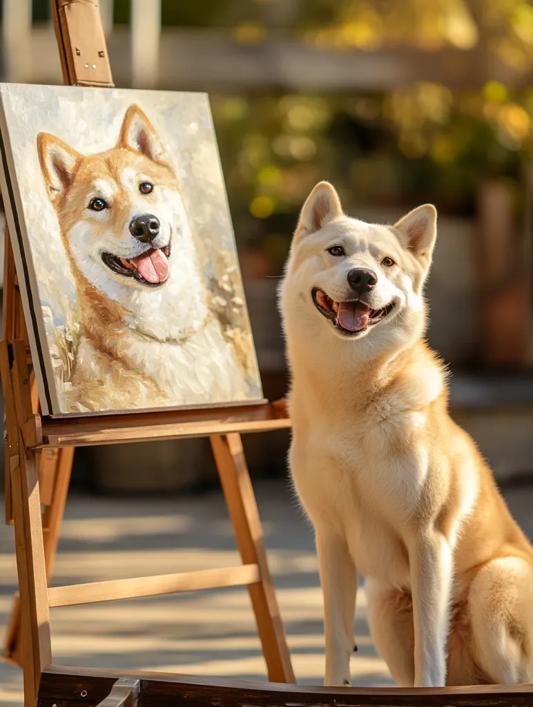 Here's a description of the image:

A charming cream-colored Shiba Inu sits patiently beside an easel displaying a painted portrait of a similar dog.  The painting, rendered in warm, impressionistic strokes, captures the essence of the Shiba Inu breed.  The dog's pose suggests contentment, and the overall scene evokes a sense of artistic creation and the bond between artist and subject, with natural sunlight illuminating the scene. The setting appears outdoors, with a blurred background suggesting a garden or park.