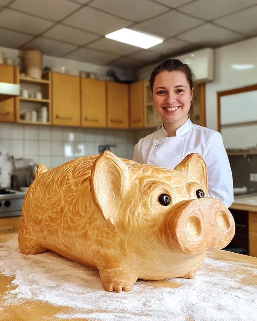 A smiling female baker, wearing a white chef's jacket, proudly presents a large, intricately sculpted pig-shaped bread.  The bread is light golden brown, with detailed features including ears, eyes, and a snout.  It sits on a wooden table dusted with flour in a bright, clean kitchen. The background is slightly blurred, focusing attention on the impressive baked creation and the baker's joyful expression.