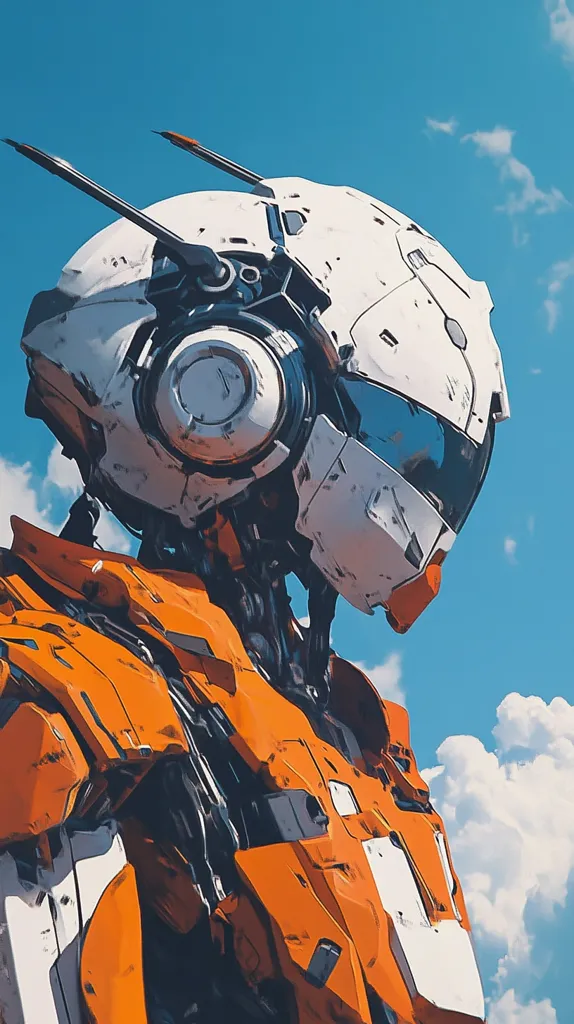 The image showcases a stylized robot against a vibrant blue sky dotted with fluffy white clouds. The robot's head is predominantly white with a weathered, almost worn texture, featuring prominent antennae and large, circular side components.  Its body is a striking burnt orange, exhibiting a complex, segmented design with visible mechanical details and joints. The overall style is futuristic and suggestive of a mech or humanoid combat unit. The contrast between the robot's worn appearance and the pristine sky creates a captivating visual.