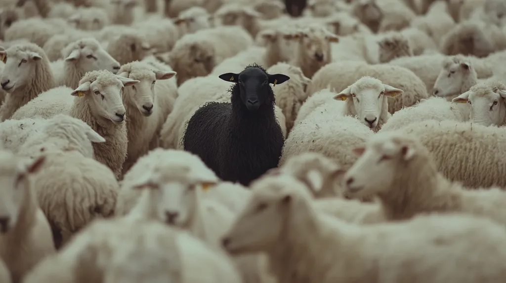 A single black sheep stands out amidst a large flock of white sheep.  The black sheep is positioned centrally, its dark wool contrasting sharply with the creamy white fleece of the surrounding animals. The sheep are tightly packed together, their woolly coats blending into a sea of white, emphasizing the black sheep's unique appearance. The image suggests themes of individuality, standing out from the crowd, and nonconformity.