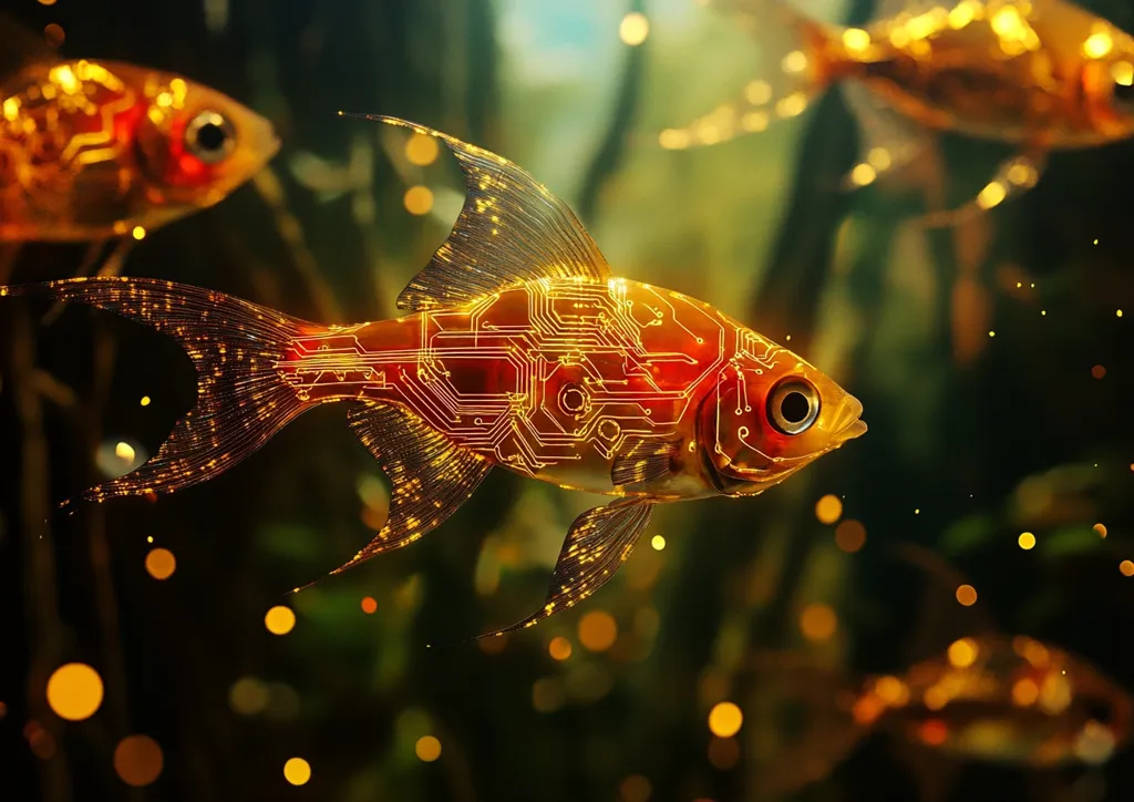 Here's a description of the image:

The image showcases a bioluminescent goldfish, its scales seemingly composed of intricate circuit boards, glowing with an amber light.  The fish swims amidst a softly blurred background of greens and browns, suggesting an aquatic environment.  Other, more traditionally rendered goldfish are visible in the background, out of focus, emphasizing the central, technologically enhanced fish.  Small, golden bokeh lights add a magical, dreamlike quality to the scene. The overall effect is striking, blending organic life with technological elements.