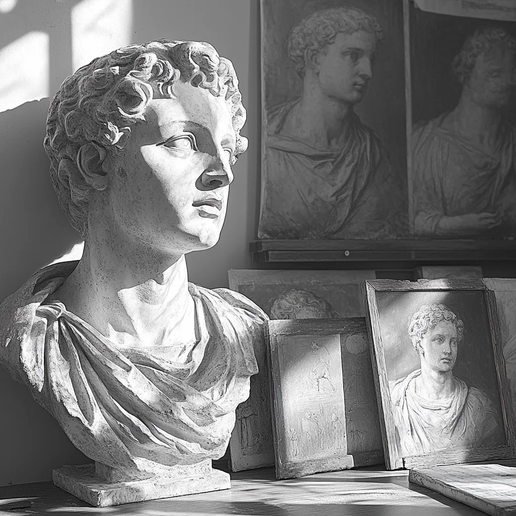 A striking, monochrome image centers on a classical bust of a young man, his gaze directed to the right. The bust, crafted from seemingly smooth, light-colored stone, rests on a dark surface.  Behind it, partially obscured by sunlight, are several smaller framed artworks and bas-reliefs depicting similar youthful figures in classical attire. The overall scene suggests an artist's studio or a gallery setting, with the interplay of light and shadow emphasizing the sculptural detail.