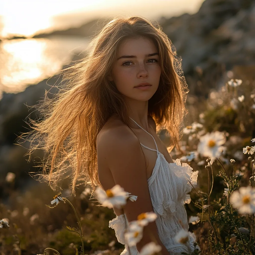 Here's a description of the image:

Golden hour sunlight bathes a young woman with long, flowing light brown hair.  She's standing amidst a field of white daisies, her gaze directed slightly away from the camera.  She wears a delicate, off-white, ruffled halter-neck top, the fabric seemingly light and airy. The background suggests a coastal setting, with blurred rocks and a glimpse of calm water reflecting the sunset. The overall mood is serene and ethereal, emphasizing the beauty of the woman and her natural surroundings.