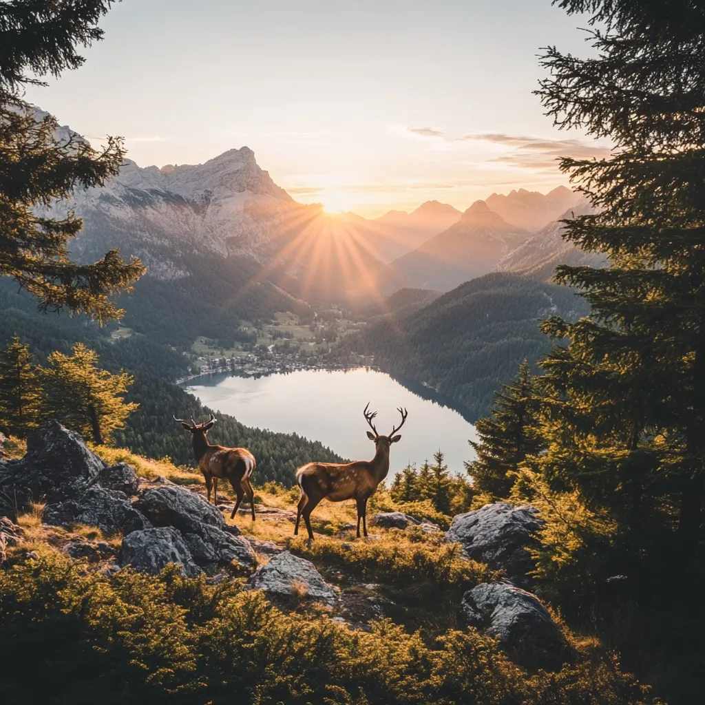 A breathtaking sunset bathes a mountain lake and valley in golden light. Two deer, one with prominent antlers, stand silhouetted against the tranquil scene on a rocky outcrop.  Pine trees frame the vista, their dark green contrasting sharply with the warm hues of the sky.  The image evokes a sense of serenity and the untamed beauty of nature.