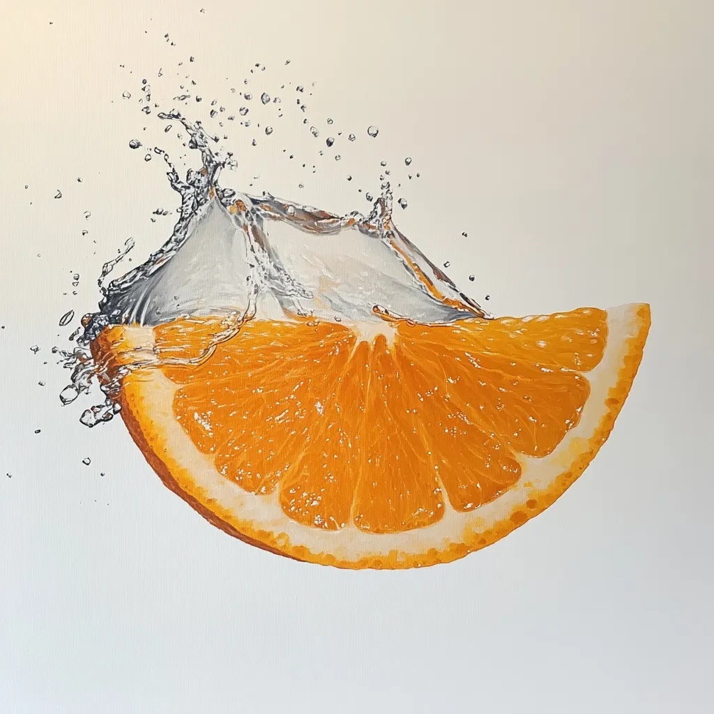 A vibrant painting depicts a juicy orange slice submerged in water.  The image is dominated by the bright orange segments of the fruit, contrasted by the translucent, splashing water creating a dynamic visual effect.  Small water droplets are scattered around the main splash, enhancing the feeling of movement and freshness. The background is a simple, off-white canvas, allowing the orange and water to stand out prominently. The overall style is realistic, with meticulous detail given to both the texture of the orange and the movement of the water.