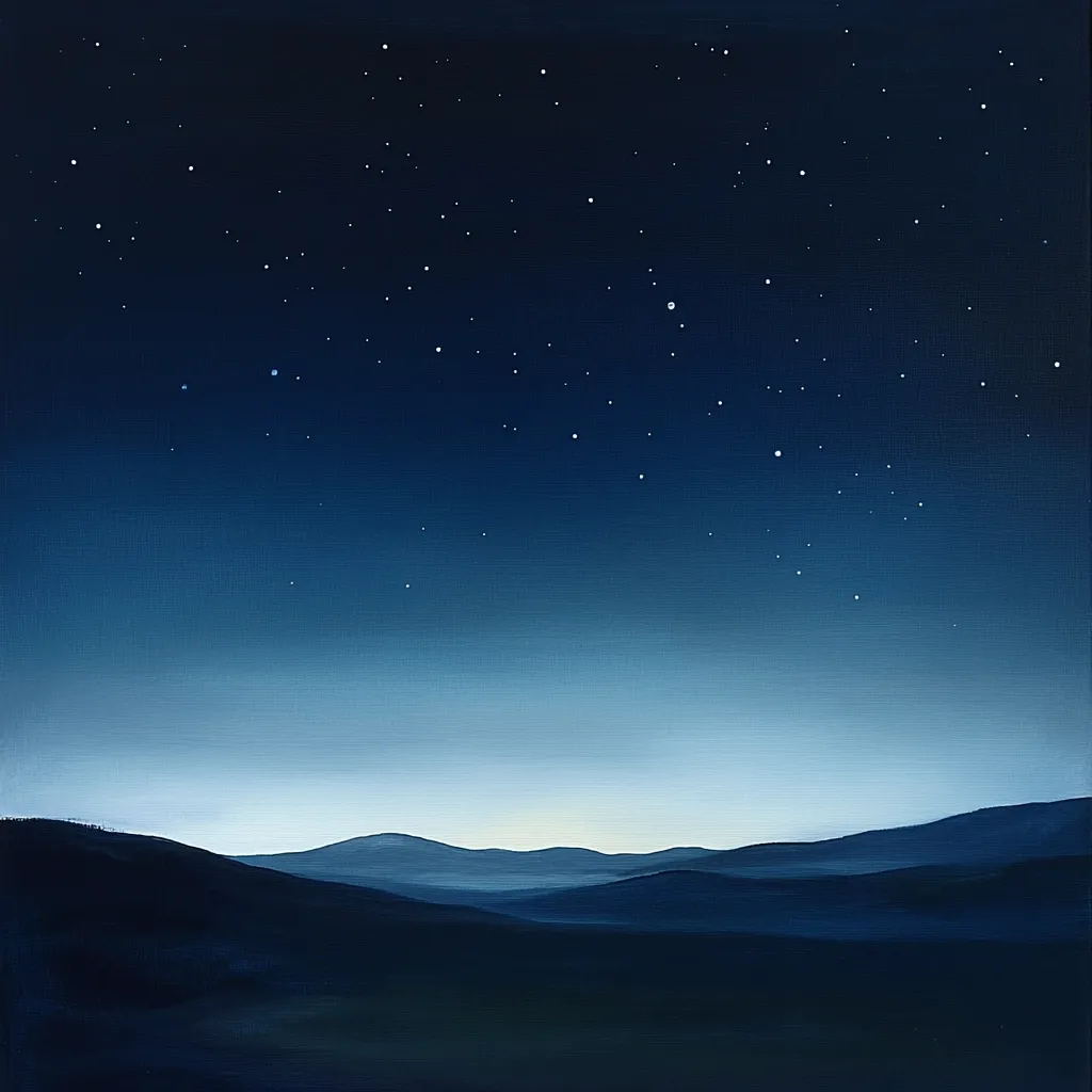 Here is a description of the image:

The painting depicts a tranquil night scene.  A deep blue sky, speckled with small, white stars, dominates the upper two-thirds. The lower third shows a softly rendered landscape of dark blue mountains and valleys, fading into a lighter, almost imperceptible horizon. The color palette is monochromatic, varying only in shades of blue, creating a serene and peaceful atmosphere. The overall style is minimalist and evocative, emphasizing the vastness of the night sky and the quiet beauty of the land below.