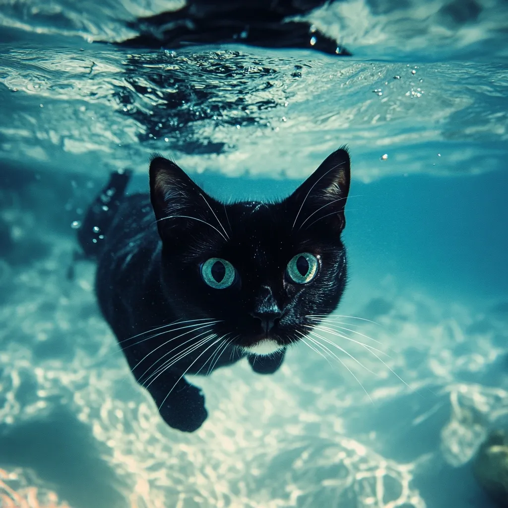 Here's a description of the image:

An underwater close-up shot features a black cat with striking green eyes swimming towards the camera.  Its sleek, dark fur contrasts with the turquoise water.  Bubbles are visible around the cat, indicating movement. The background is blurred, showcasing the underwater environment with a hazy, textured bottom. The cat's expression is curious and alert, making direct eye contact with the viewer. The overall mood is one of intrigue and a slightly surreal, captivating scene.