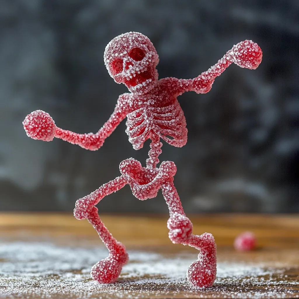A playful, red gummy skeleton, coated in sugar crystals, dances on a wooden surface dusted with powdered sugar.  Its pose is dynamic, arms outstretched, suggesting a lively, almost mischievous energy. The dark, blurred background contrasts sharply with the vibrant candy skeleton, making it the clear focal point.  A small, out-of-focus gummy sphere is visible in the background, hinting at more candy nearby. The overall image evokes a fun, Halloween-themed aesthetic.