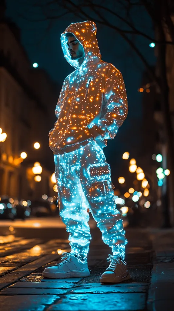 Here's a description of the image:

The photograph showcases a young man at night, standing on a city street. He's wearing a hooded tracksuit that appears to be embedded with tiny, glowing lights, creating a mesmerizing effect. The lights are predominantly orange and teal, contrasting with the dark background. The city's blurred lights in the backdrop add to the atmospheric setting, emphasizing the luminescence of his outfit.  His posture is relaxed, hands in pockets, as he looks downward. The overall mood is one of urban coolness and futuristic style.
