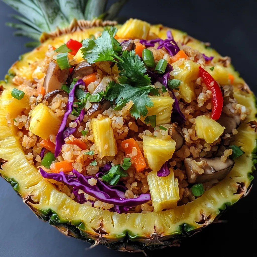 A vibrant pineapple half is brimming with a colorful fried rice dish.  The rice is studded with chunks of pineapple, carrots, red cabbage, mushrooms, and slivers of red bell pepper.  Fresh cilantro is scattered on top as a garnish, with chopped green onions adding further visual appeal.  The overall presentation is visually striking, showcasing a unique and appetizing fusion cuisine.