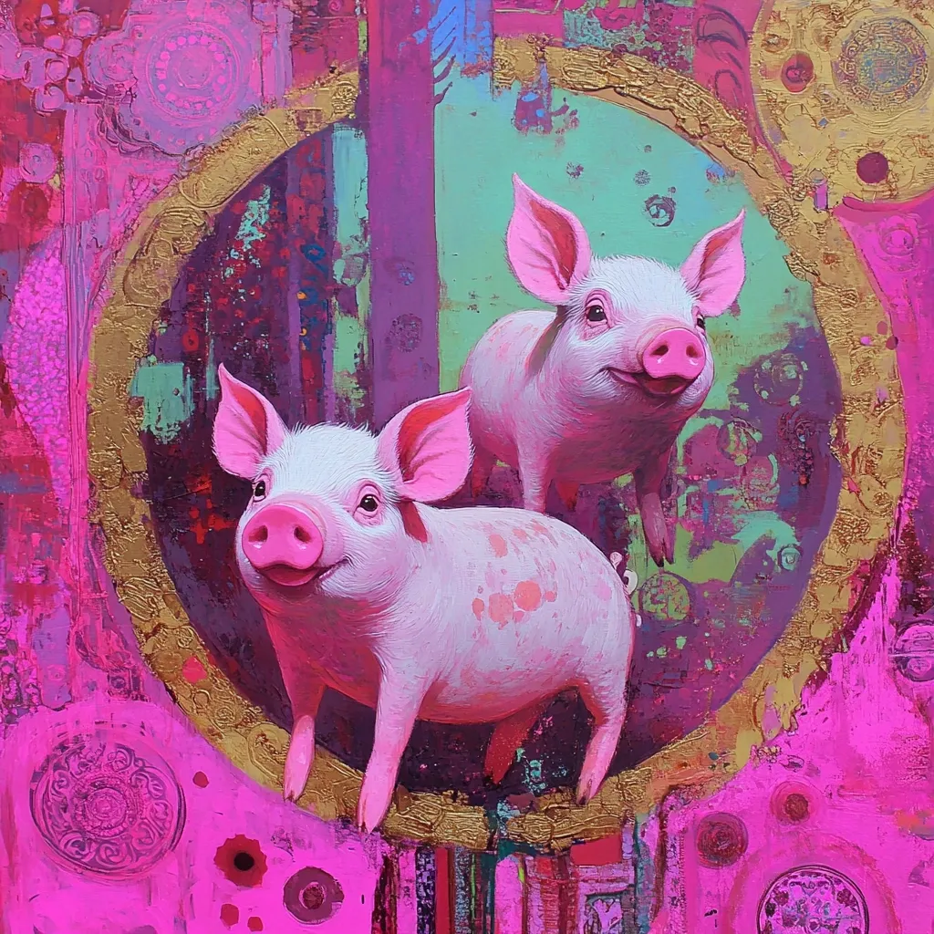 The painting features two pink piglets, prominently displayed within a circular gold frame against a vibrant pink and purple backdrop. The pigs, rendered with a textured, almost three-dimensional quality, appear cheerful and playful. The background is a chaotic mix of colors, patterns, and textures, incorporating elements of gold leaf and ornate designs that create a richly decorative effect. The overall style is bold and expressive, mixing realism in the portrayal of the animals with abstract expressionism in the background.  The bright color palette is striking and energetic.