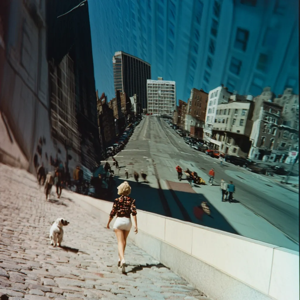 A woman in a floral top and white shorts walks uphill with a small dog, away from a large, reflective sculpture. The sculpture distorts the view of a city street stretching into the distance, lined with buildings and cars.  The scene is captured in a dynamic, slightly surreal style, suggesting movement and urban energy. The overall mood is one of vibrant yet quiet observation.