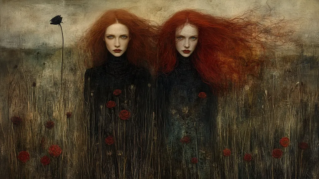 Here's a description of the image:

The painting depicts two identical women with vibrant, flowing red hair, standing side-by-side in a field of tall, muted grasses. They wear dark, turtleneck dresses. Their expressions are serious and almost identical. Scattered throughout the field are small, dark red flowers, contrasting with a single, tall, dark flower to the left. The background is a hazy, muted landscape. The overall style is painterly and evocative, with a slightly melancholic or mysterious mood. The texture is rich and appears somewhat textured or aged.