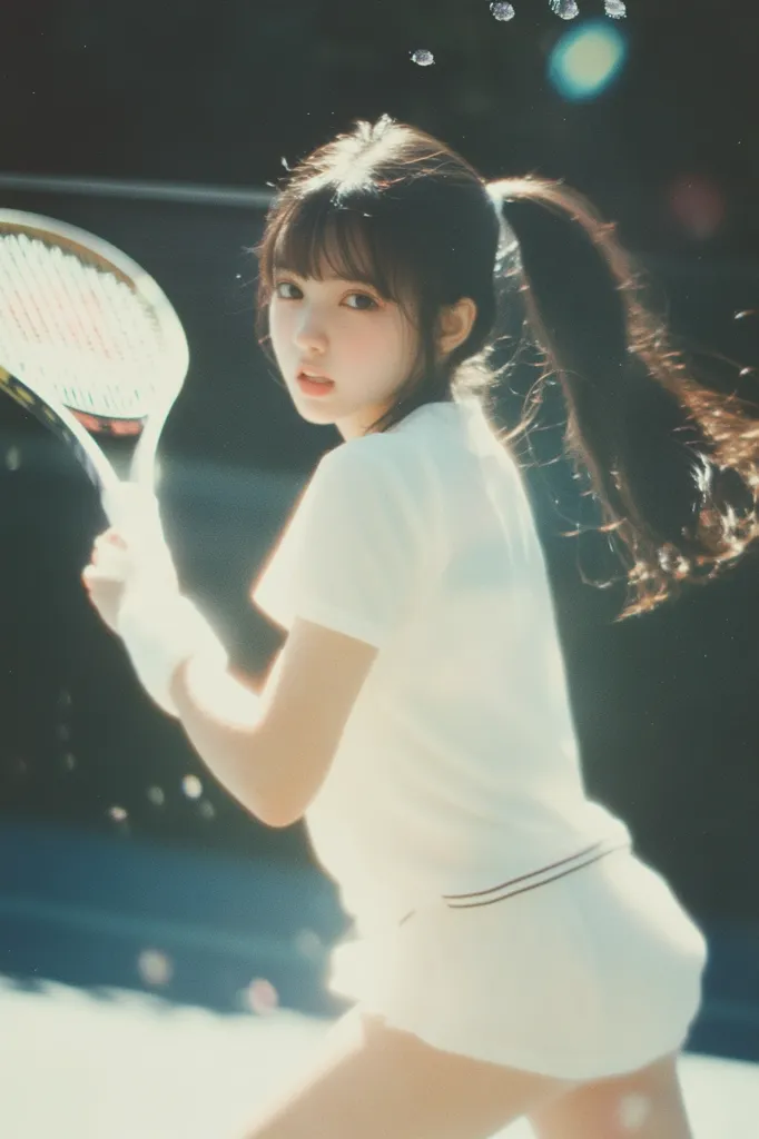 Here's a description of the image:

The photograph captures a young woman, possibly a teenager, from the knees up, dynamically posed mid-swing with a tennis racket. Her dark hair is pulled back into a high ponytail, accentuating her delicate facial features.  She's dressed in a white tennis outfit – a short-sleeved shirt and shorts – which appears crisp and clean. The background is blurred, suggesting an outdoor setting, likely a tennis court.  The overall style evokes a nostalgic or dreamy feel, enhanced by soft lighting and a slightly hazy quality.  The image focuses on her youthful energy and graceful movement.