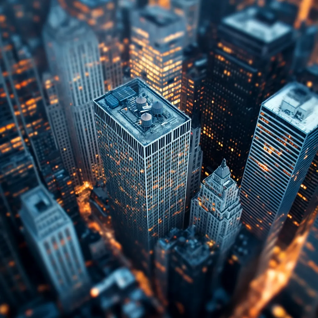 Here's a description of the image:

A high-angle, slightly tilted aerial shot captures a dense cluster of skyscrapers at twilight. The city's buildings, primarily tall and rectangular, are illuminated by warm interior lights, contrasting against the darkening sky. The focus is sharpest on a central building with water towers on its roof, while the surrounding structures exhibit a pleasant bokeh effect, creating a miniature city feel. The overall color palette is a blend of cool blues and greys from the buildings, warmed by the glowing windows and streetlights below. The scene evokes a feeling of bustling urban life and architectural density.