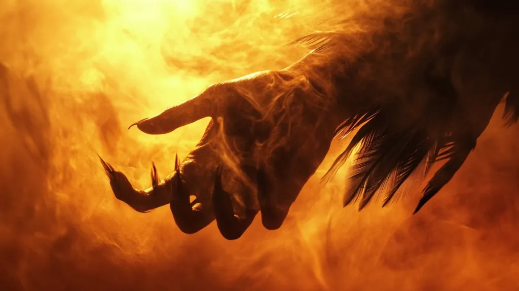 A clawed hand, partially obscured by smoke and feathers, is the focal point of this dramatic image. The hand, with long, sharp talons, suggests a mythical or monstrous creature.  The orange-yellow smoke creates a hellish or fiery atmosphere, enhancing the mysterious and slightly ominous tone. The contrast between the dark hand and the bright, smoky background is striking.  The overall effect is evocative and surreal.