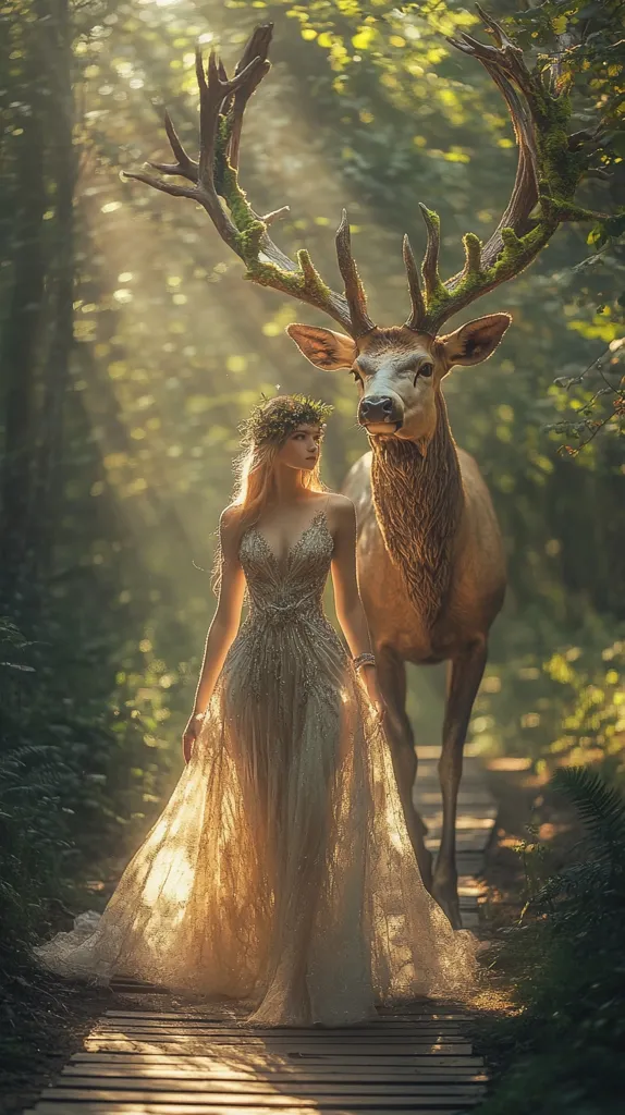 A woman in a flowing, gold-toned gown walks a woodland path alongside a majestic stag.  The stag's antlers are large and adorned with moss, suggesting age and a connection to the forest.  Sunlight filters through the trees, illuminating the scene in a magical, ethereal glow. The woman wears a floral crown, completing the fairytale-like atmosphere.  The overall image evokes a sense of fantasy and peaceful coexistence between nature and humankind.