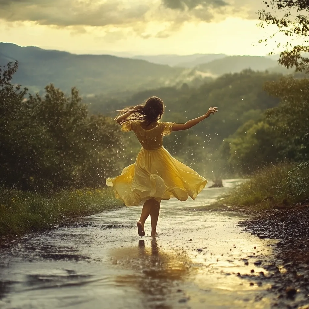 A young woman, barefoot and wearing a flowing yellow dress, joyfully dances in a shallow stream.  Rain sprinkles around her as she twirls, her long brown hair cascading behind her.  The setting is idyllic: a tranquil, tree-lined path, with a picturesque mountain range in the background bathed in the warm light of sunset. The scene evokes a sense of carefree happiness and connection with nature.