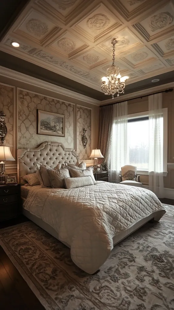 Here's a description of the image:

The image shows a luxurious master bedroom with an ornate, coffered ceiling featuring detailed, light-colored plasterwork and a sparkling crystal chandelier. The walls are adorned with a textured, beige wallpaper. A large, tufted upholstered bed in a neutral beige dominates the room, dressed in a quilted comforter and numerous pillows.  Nightstands flank the bed, and a small chair sits by the window, which offers a view of a landscape beyond sheer curtains. A patterned area rug anchors the furniture, adding to the room's opulent and sophisticated atmosphere. The overall color palette is warm and muted.